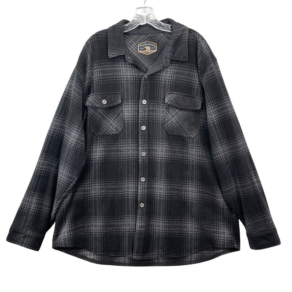 Freedom Foundry Fleece Shirt Men XXL Black Grey Plaid Button Down Shacket Travel